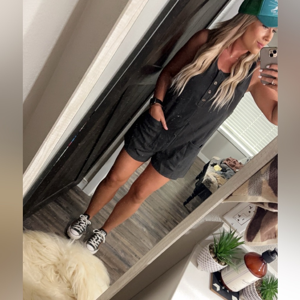 Women’s relaxed charcoal grey front pocket romper